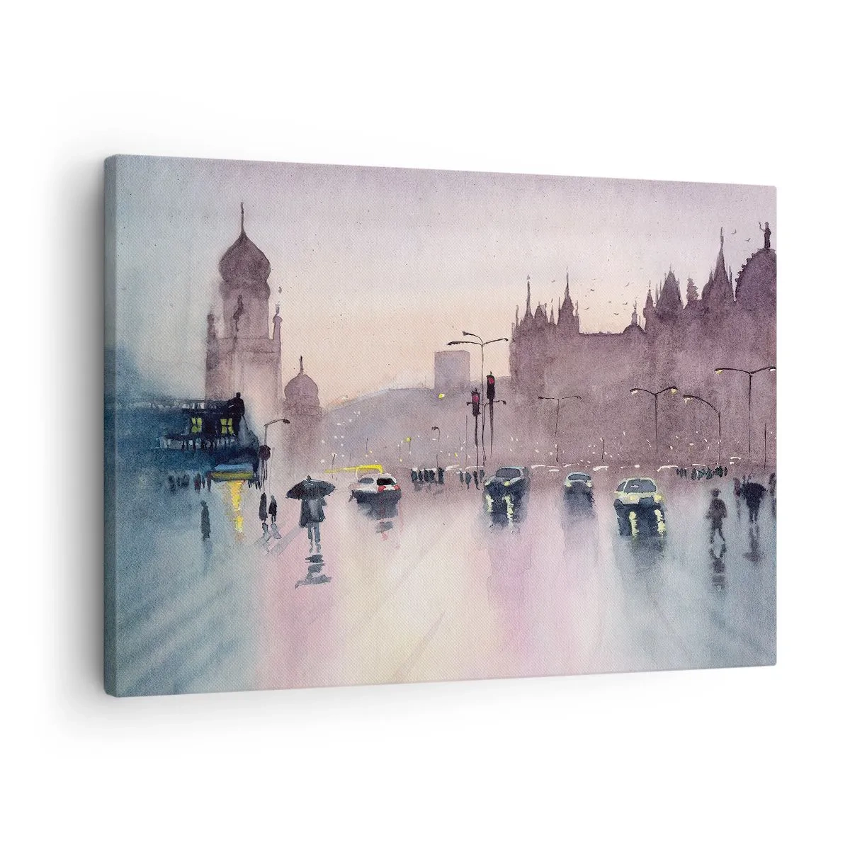 Canvastavla - Bild på duk - En stadsgata i skymningen i akvarellstil - 70x50cm - I regnig dimma - Modern väggdekoration för vardagsrum och sovrum ARTTOR