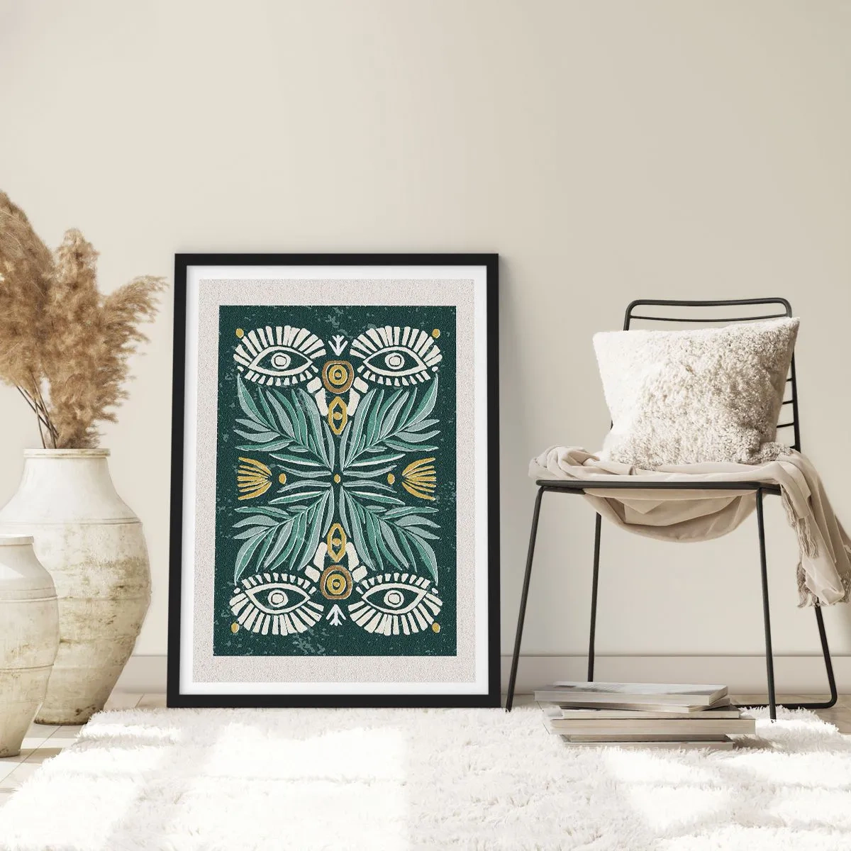 Affisch i svart ram - Symmetriskt mönster med löv och ögon på en mörk bakgrund - 50x70cm - Som ett folkligt mönster - Modern väggdekoration för vardagsrum och sovrum ARTTOR