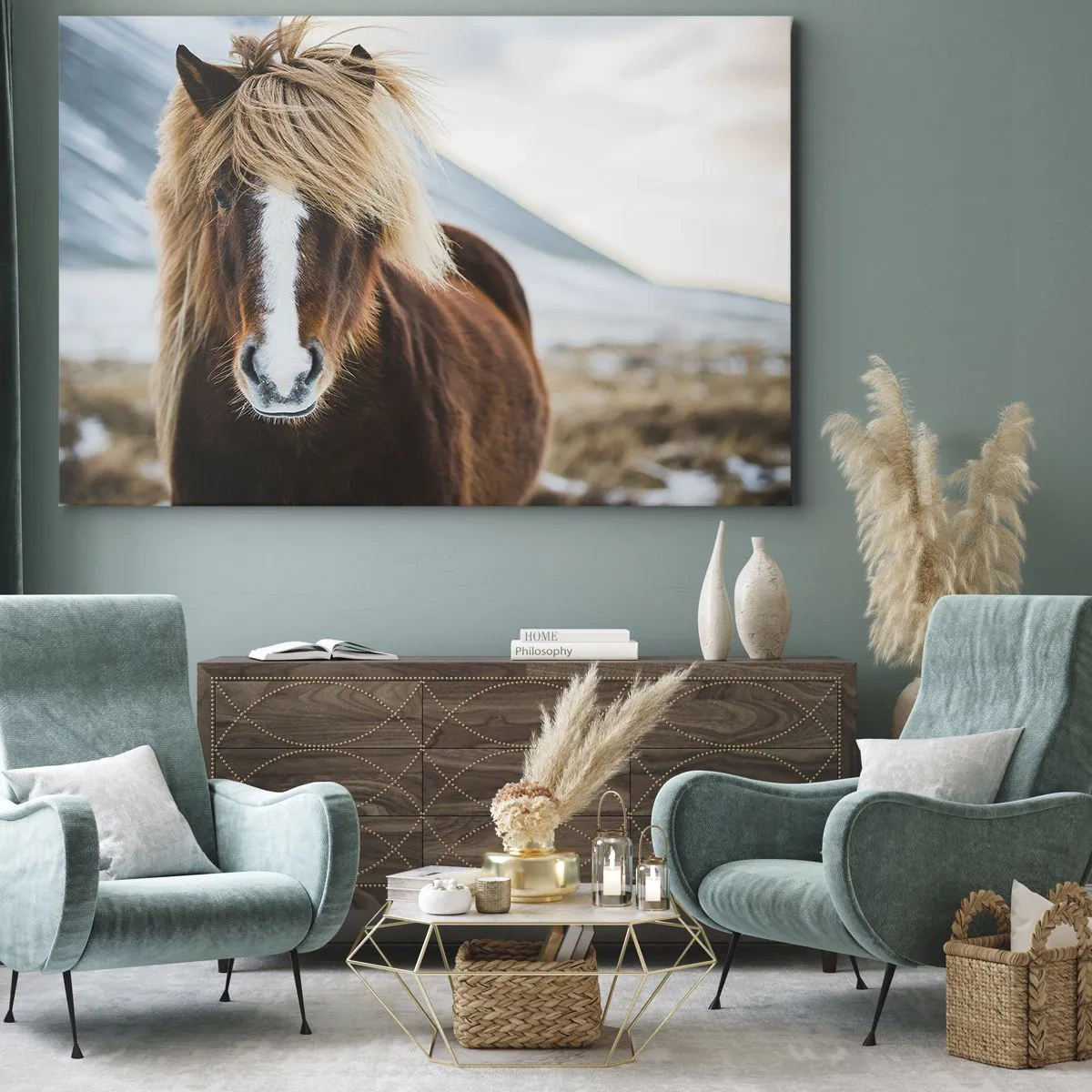 Canvastavla - Bild på duk - Islandshäst mot ett bergslandskap - 70x50cm - Känner du friheten? - Modern väggdekoration för vardagsrum och sovrum ARTTOR