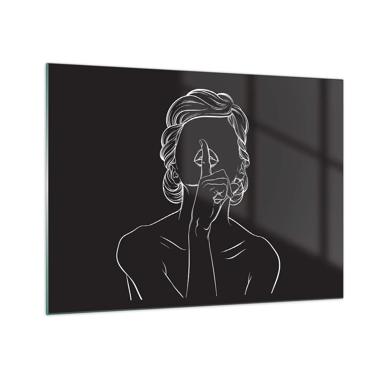Glastavla - Bild på glas - En minimalistisk silhuett av en kvinna som gör en tystnadsgest. - 70x50cm - Skönhet blommar i tystnad - Modern väggdekoration för vardagsrum och sovrum ARTTOR