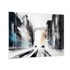 Glastavla - Bild på glas - En dynamisk stadsgata med bilar och en båge i bakgrunden i målerisk stil. - 70x50cm - Stadsstudie: arkitektur och rörelse - Modern väggdekoration för vardagsrum och sovrum ARTTOR