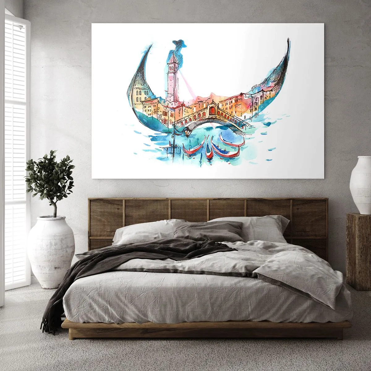Glastavla - Bild på glas - Akvarellpanorama av Venedig i form av en mask - 70x50cm - Vi flyter genom staden - Modern väggdekoration för vardagsrum och sovrum ARTTOR