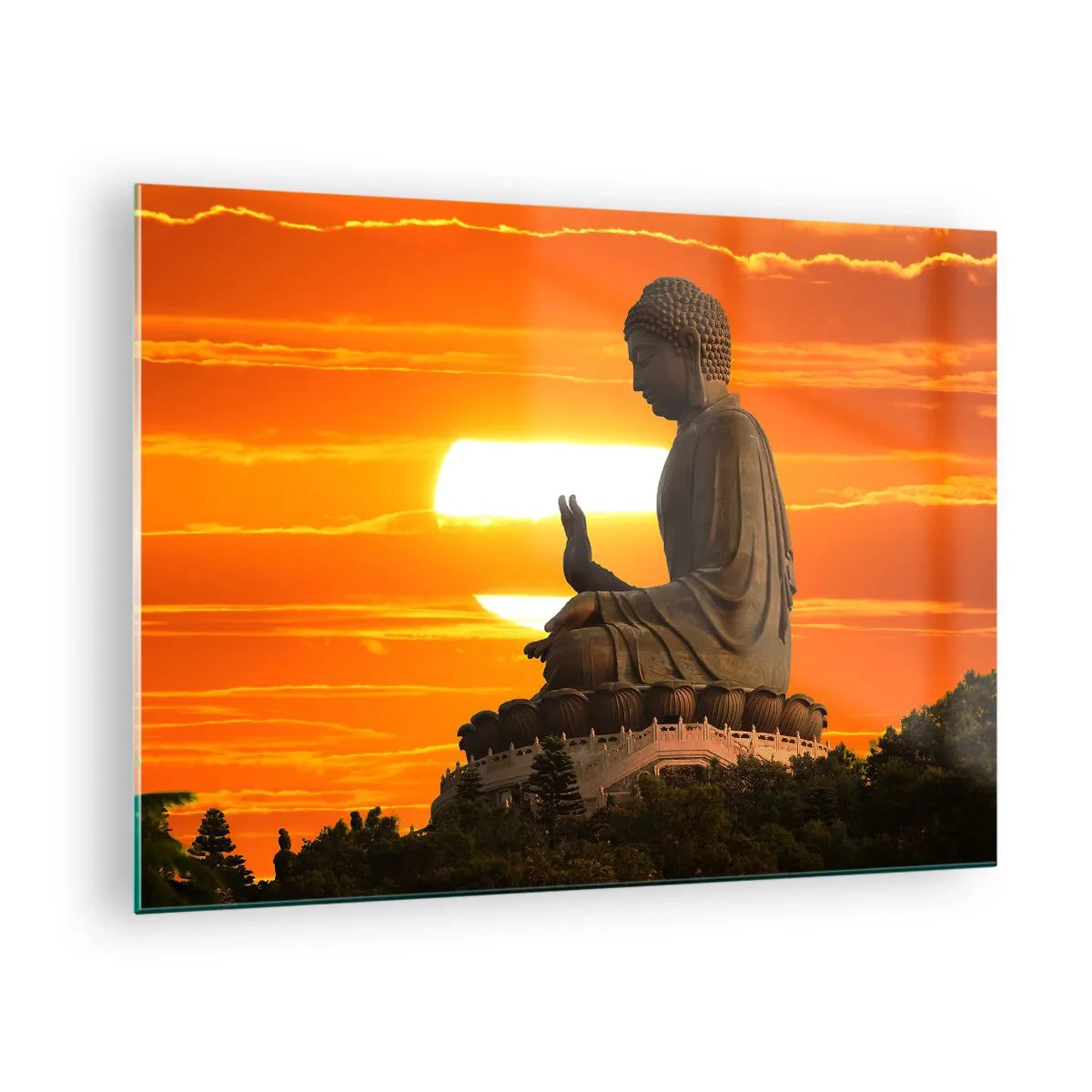 Glastavla - Bild på glas - Buddhastaty mot bakgrund av den nedgående solen - 70x50cm - Utan rädsla för världen - Modern väggdekoration för vardagsrum och sovrum ARTTOR