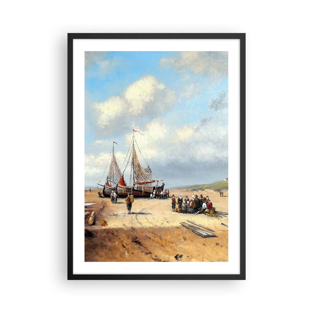 Affisch i svart ram - Traditionella fiskebåtar och fiskare på en sandstrand - 50x70cm - Efter en lyckad fångst - Modern väggdekoration för vardagsrum och sovrum ARTTOR