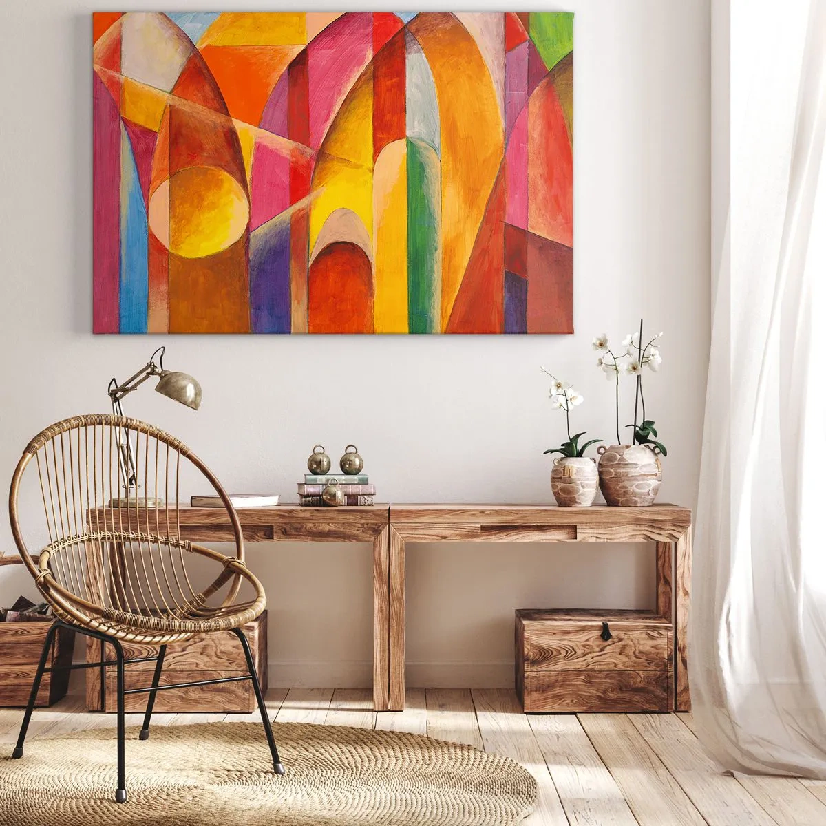 Canvastavla - Bild på duk - En abstrakt komposition full av färgglada geometriska former. - 70x50cm - Solens domkyrka - Modern väggdekoration för vardagsrum och sovrum ARTTOR