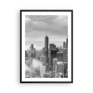 Affisch i svart ram - Svartvit vy över stadens silhuett med skyskrapor i molnen - 50x70cm - Amerikanskt landskap - Modern väggdekoration för vardagsrum och sovrum ARTTOR
