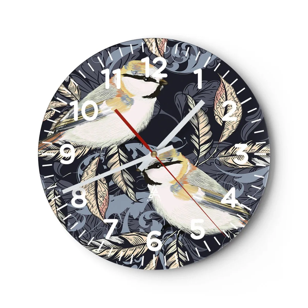 Väggklocka - Klocka på glas - Gul-grå fågelsång - 30x30 cm