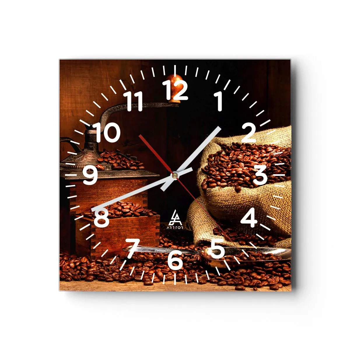 Väggklocka - Klocka på glas - Stilleben med kaffebönor och kvarn - 40x40 cm