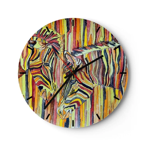Väggklocka - Klocka på glas - En abstrakt avbildning av två zebror mot en bakgrund av färgglada ränder. - 30x30cm - Så du också... - Modern väggdekoration för vardagsrum, kök och sovrum ARTTOR
