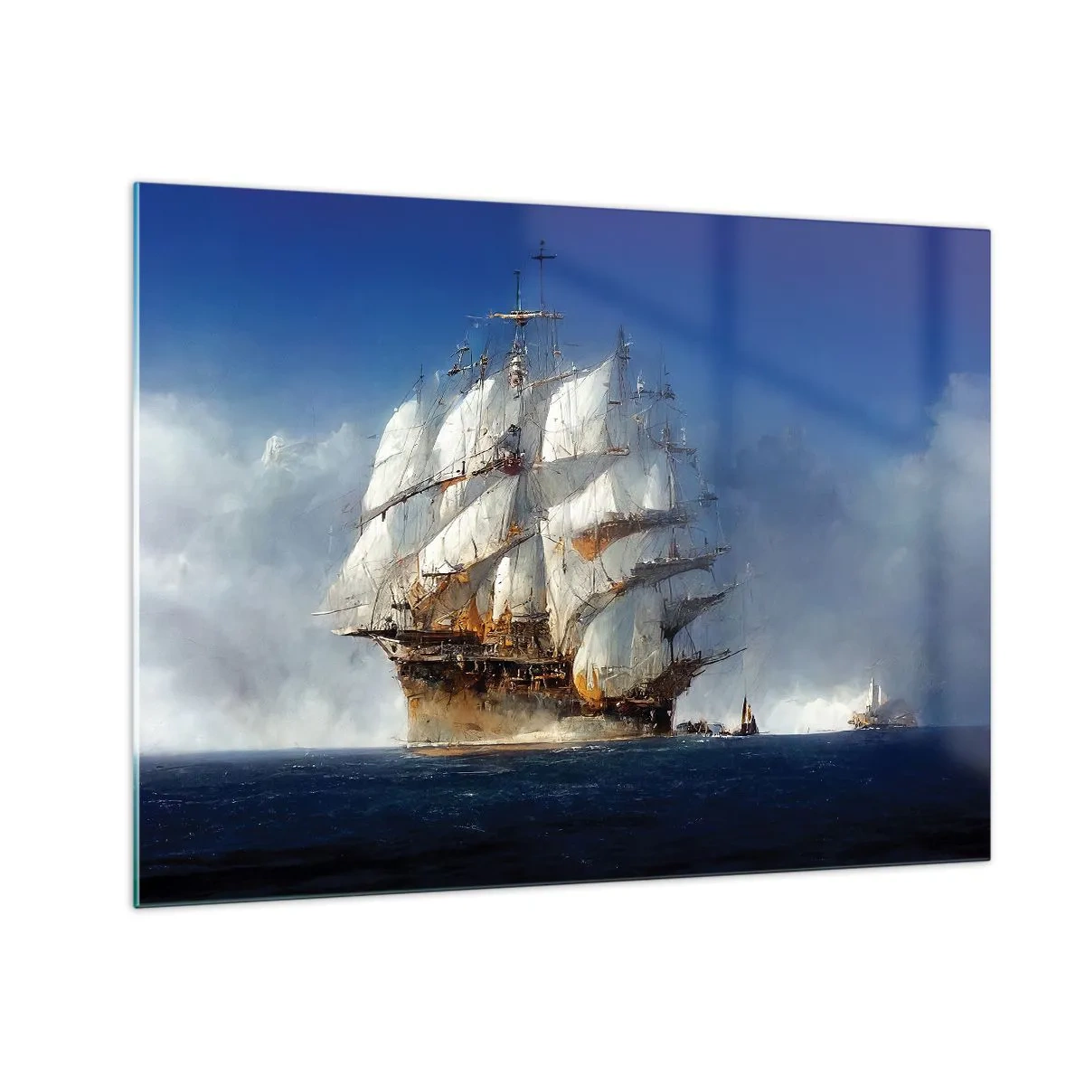 Glastavla - Bild på glas - Ett segelfartyg på öppet hav mitt i havsdimma - 70x50cm - The great glory! - Modern väggdekoration för vardagsrum och sovrum ARTTOR