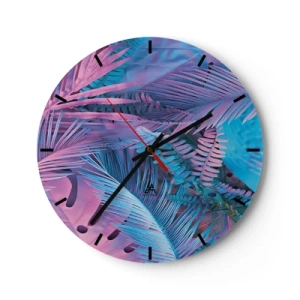 Väggklocka - Klocka på glas - En abstrakt komposition av palmblad i nyanser av rosa och blått. - 30x30cm - Tropiken i rosa och blått - Modern väggdekoration för vardagsrum, kök och sovrum ARTTOR