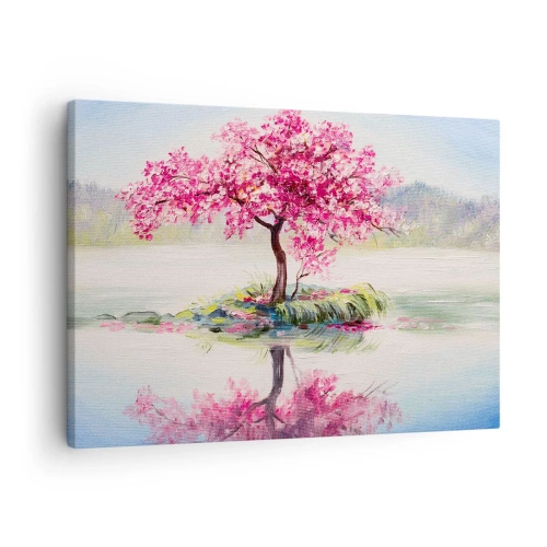 Canvastavla - Bild på duk - Ett blommande träd på stilla vatten - 70x50cm - Vårens högtid - Modern väggdekoration för vardagsrum och sovrum ARTTOR