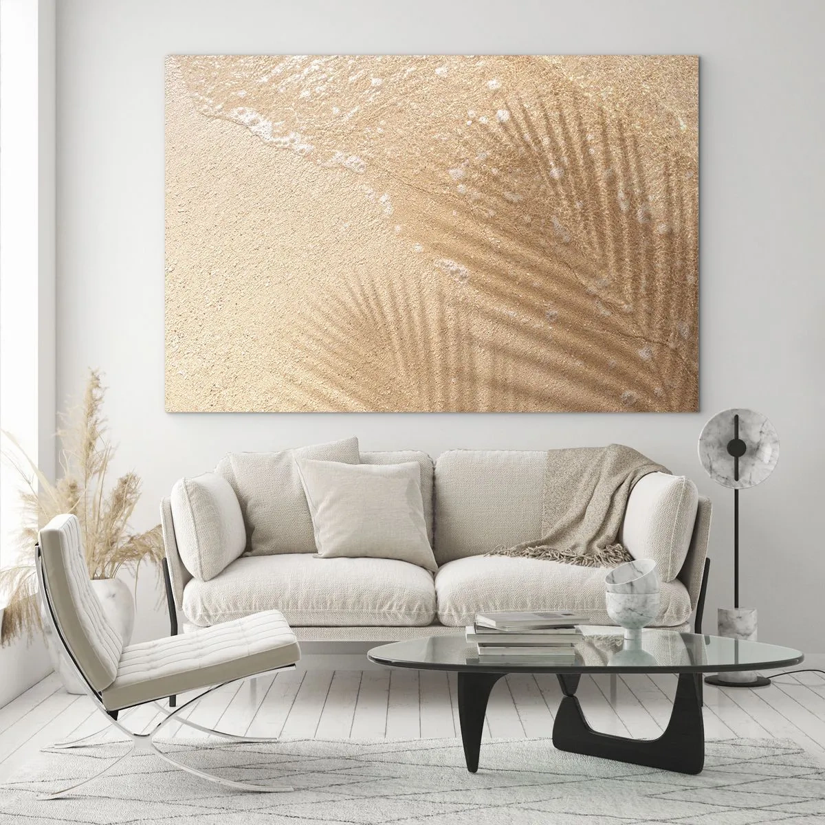 Glastavla - Bild på glas - Strand och skugga på sanden - 70x50cm - Heta sommarens skugga - Modern väggdekoration för vardagsrum och sovrum ARTTOR