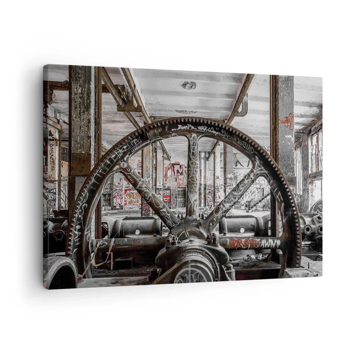 Canvastavla - Bild på duk - En gammal mekanism i en övergiven industriell interiör - 70x50cm - Fabrikens hemliga liv - Modern väggdekoration för vardagsrum och sovrum ARTTOR