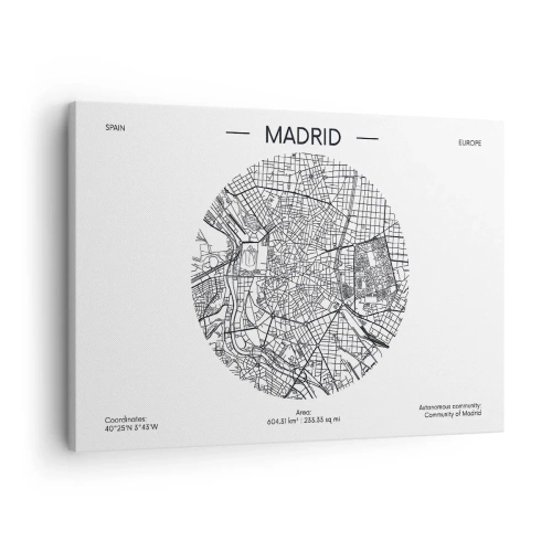 Canvastavla - Bild på duk - Karta över Madrid i minimalistisk svartvit stil - 70x50cm - Madrids anatomi - Modern väggdekoration för vardagsrum och sovrum ARTTOR