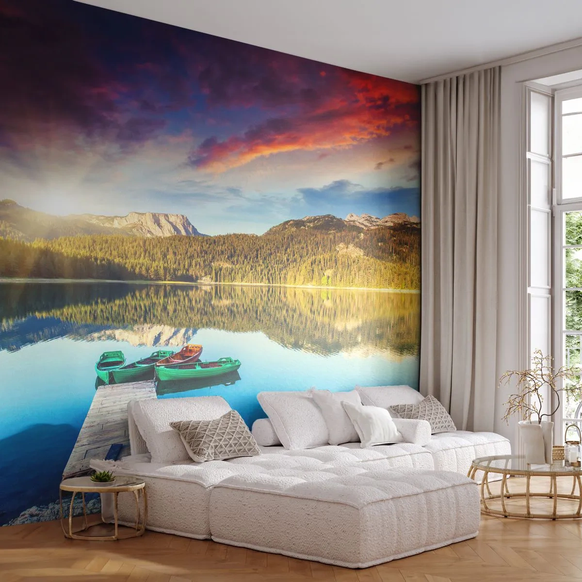 Fototapet Premium Sand - Vid spegelklart vatten - Landskap, Berg, Skog - 100x70 cm