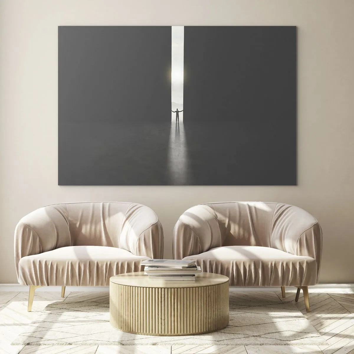 Glastavla - Bild på glas - Silhuetten av en man som öppnar en dörr mot ett starkt ljus - 70x50cm - Ett steg mot den ljusa framtiden - Modern väggdekoration för vardagsrum och sovrum ARTTOR