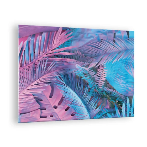 Glastavla - Bild på glas - Tropiska löv i nyanser av rosa och blått mot en neonbakgrund - 70x50cm - Tropiken i rosa och blått - Modern väggdekoration för vardagsrum och sovrum ARTTOR