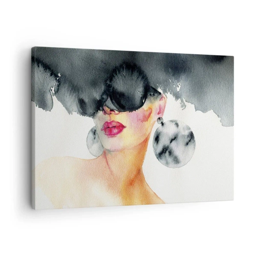 Canvastavla - Bild på duk - En kvinna som bär snygga glasögon och stora örhängen - 70x50cm - Elegansens hemlighet - Modern väggdekoration för vardagsrum och sovrum ARTTOR