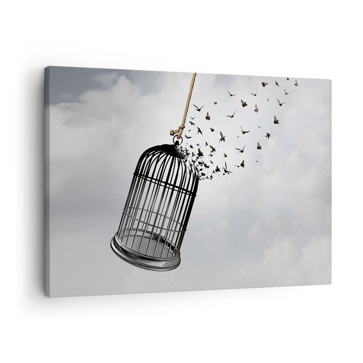 Canvastavla - Bild på duk - Fåglar som flyger ut ur en bur mot himlen - 70x50cm - Tro...Hopp...Frihet! - Modern väggdekoration för vardagsrum och sovrum ARTTOR