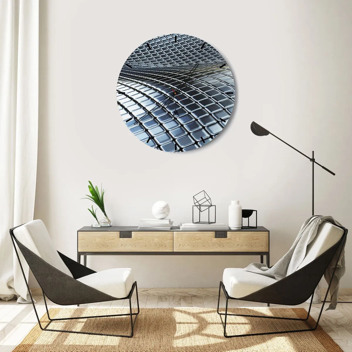 Väggklocka - Klocka på glas - Futuristisk yta gjord av metallpaneler i silverfärgad nyans - 30x30cm - Metallisk silver våg - Modern väggdekoration för vardagsrum, kök och sovrum ARTTOR
