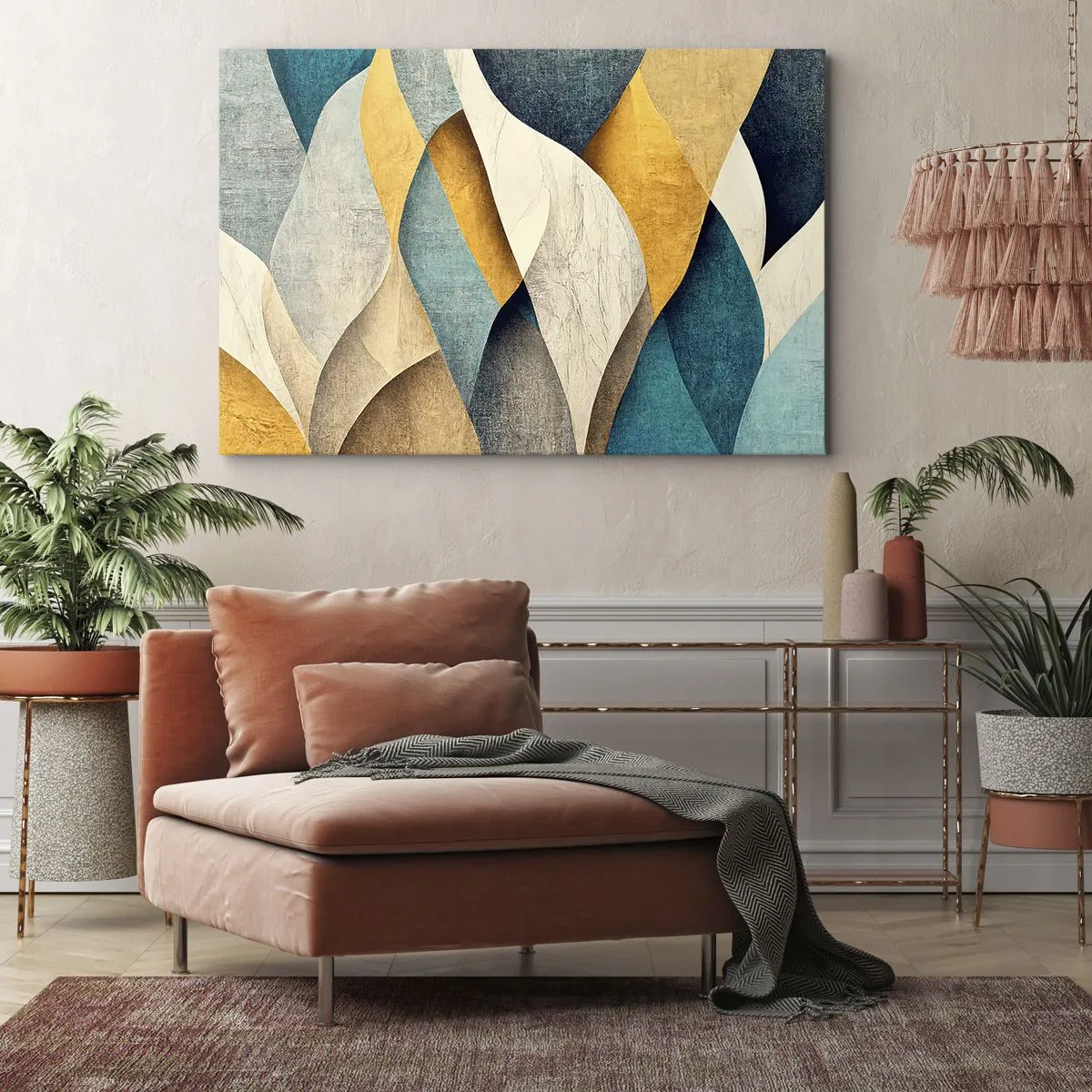 Canvastavla - Bild på duk - Abstrakta vågor i nyanser av blått och guld - 70x50cm - Rytm och vågrörelse - Modern väggdekoration för vardagsrum och sovrum ARTTOR