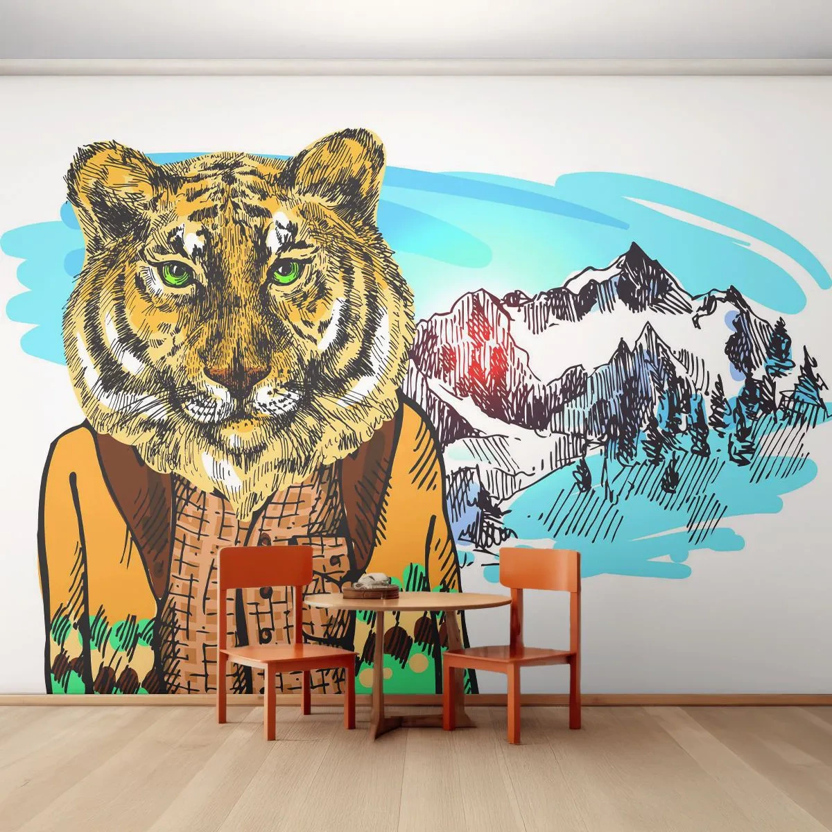 Fototapet Premium Sand - Inte lika vild som den tecknas - Abstraktion, Tiger, Berg - 100x70 cm