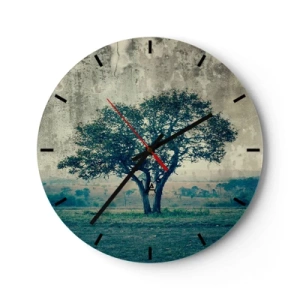 Väggklocka - Klocka på glas - Ett ensamt träd mot ett blått landskap - 30x30cm - Äppelträd på blå betesmark? - Modern väggdekoration för vardagsrum, kök och sovrum ARTTOR