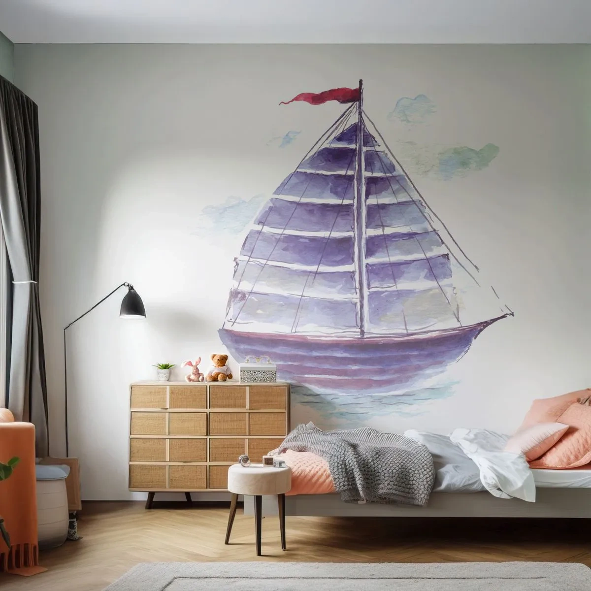 Fototapet Premium Sand - Fulla seglar och lugnt vatten - Segelbåt, Seaside, Hav - 200x140 cm