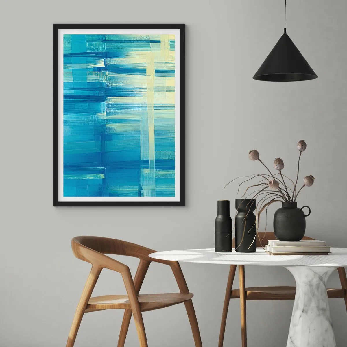 Affisch i svart ram - Abstrakt komposition i nyanser av blått och gult - 50x70cm - Komposition i turkos - Modern väggdekoration för vardagsrum och sovrum ARTTOR