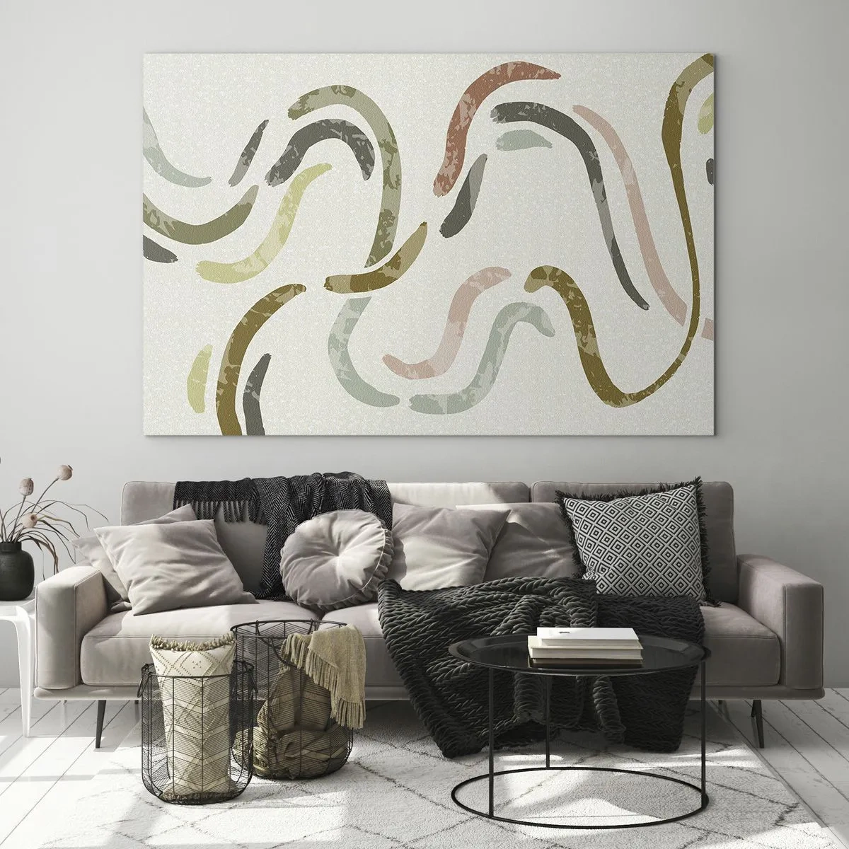 Glastavla - Bild på glas - Vågiga färgglada former på en ljus bakgrund - 70x50cm - Abstraktionens glada dans - Modern väggdekoration för vardagsrum och sovrum ARTTOR