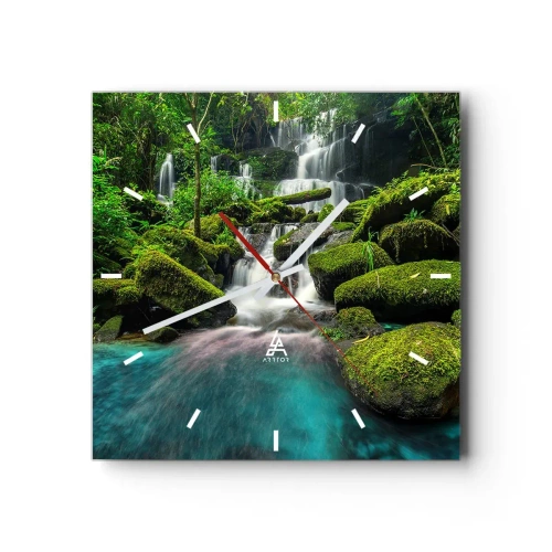 Väggklocka - Klocka på glas - Turkos, safir och flytande silver - 30x30 cm