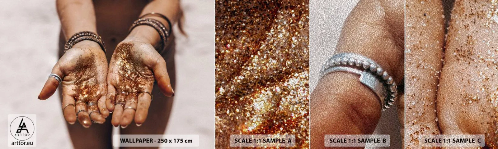 Provbit av fototapet Premium Sand - Gåva för dig - Kvinnors händer, Boho, Guld - 100x30 cm