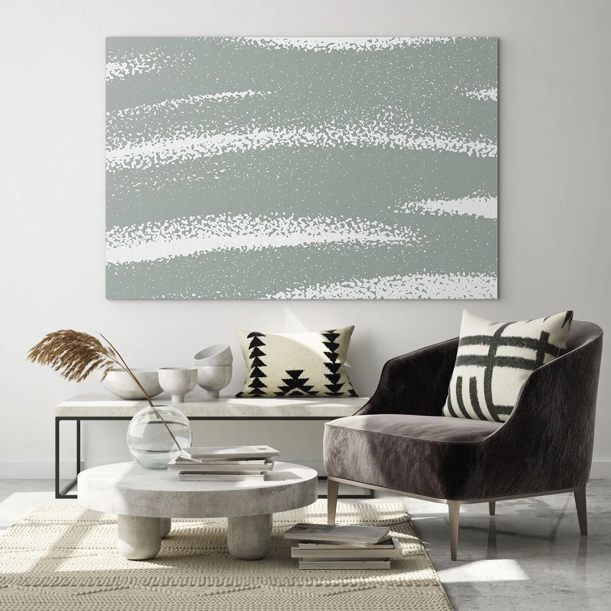 Glastavla - Bild på glas - Vita ränder på en sval grön bakgrund - 70x50cm - Abstraktion i vinterstämning - Modern väggdekoration för vardagsrum och sovrum ARTTOR