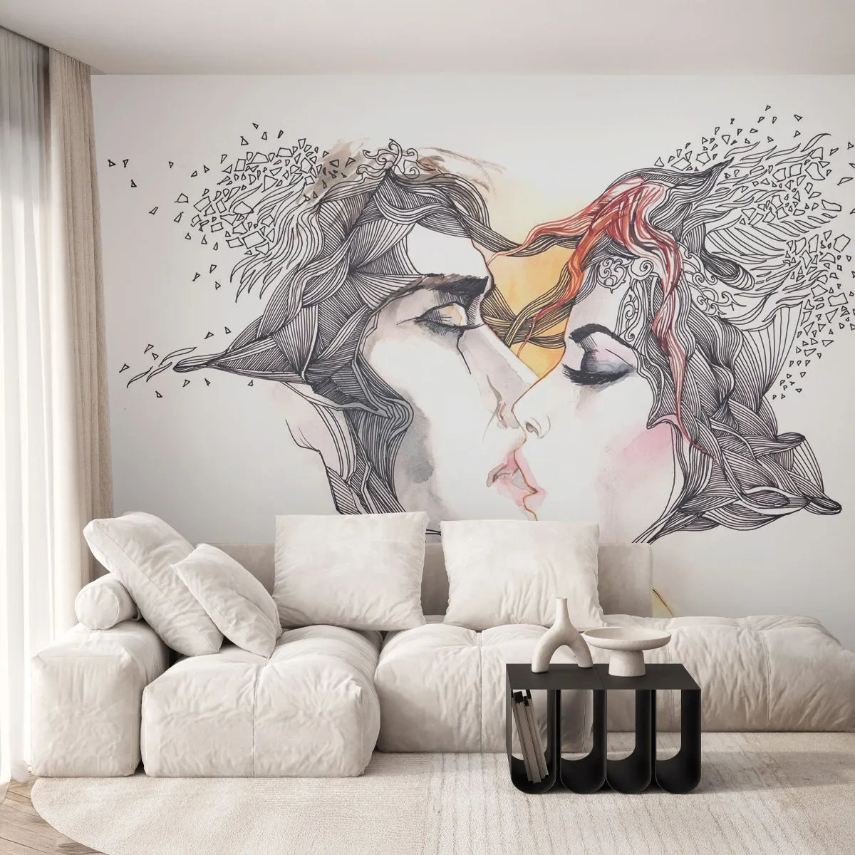 Fototapet Premium Canvas - Världen existerar inte - Abstraktion, Ett par älskare, Kyss - 400x280 cm