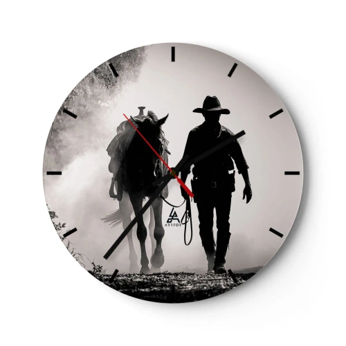 Väggklocka - Klocka på glas - En cowboy som leder sin häst i morgondimman - 30x30cm - En morgon i Texas - Modern väggdekoration för vardagsrum, kök och sovrum ARTTOR