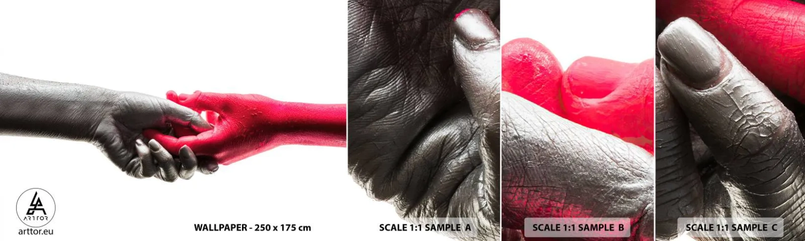 Provbit av självhäftande fototapet Deluxe Sticker - Tillsammans, dock annorlunda - Mänskliga händer, Hand, Abstraktion - 100x30 cm