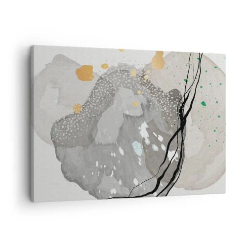 Canvastavla - Bild på duk - Organiska former i grå nyanser med accenter av svart och guld - 70x50cm - Organisk komposition - Modern väggdekoration för vardagsrum och sovrum ARTTOR