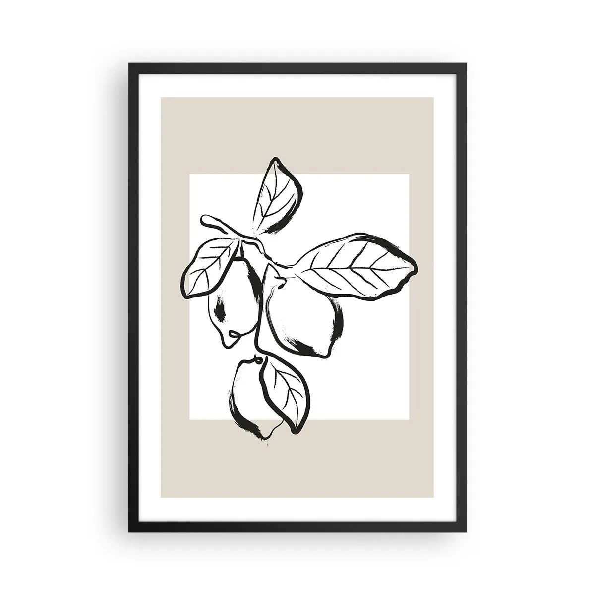 Affisch i svart ram - En minimalistisk illustration av en citronkvist i svartvit stil. - 50x70cm - Där citronen mognar... - Modern väggdekoration för vardagsrum och sovrum ARTTOR