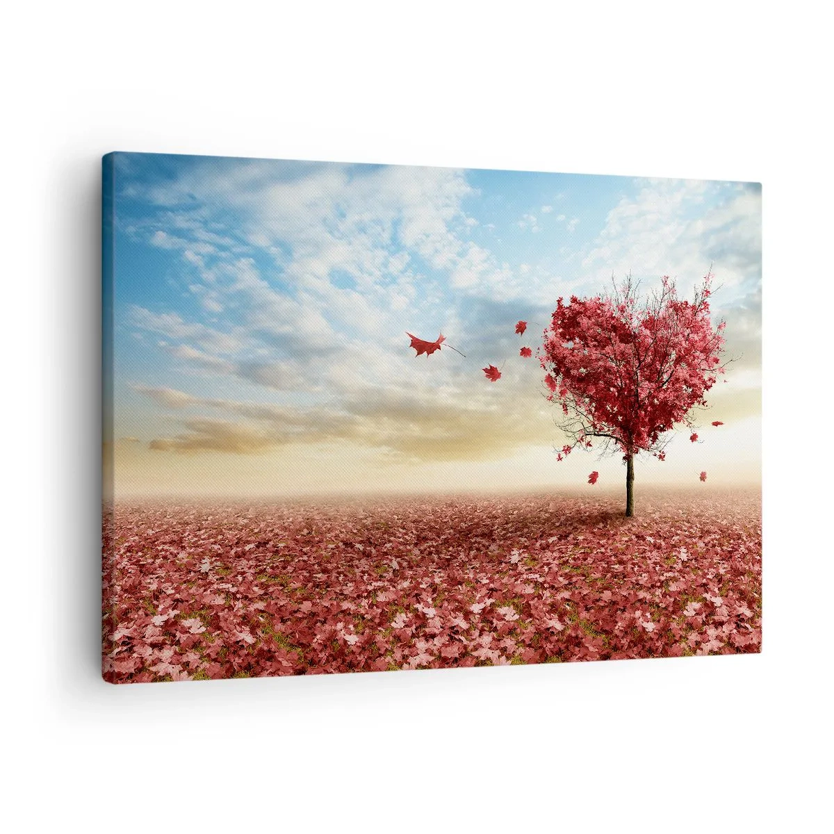 Canvastavla - Bild på duk - Ett ensamt hjärtformat träd i ett fält av röda löv - 70x50cm - Älska hösten, du också - Modern väggdekoration för vardagsrum och sovrum ARTTOR