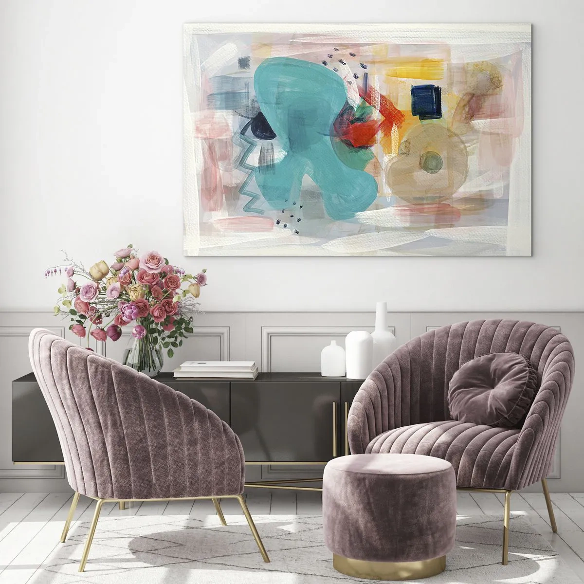 Glastavla - Bild på glas - En färgglad abstraktion med stänk av turkos, rött och beige. - 70x50cm - Ett färgglatt spel - Modern väggdekoration för vardagsrum och sovrum ARTTOR