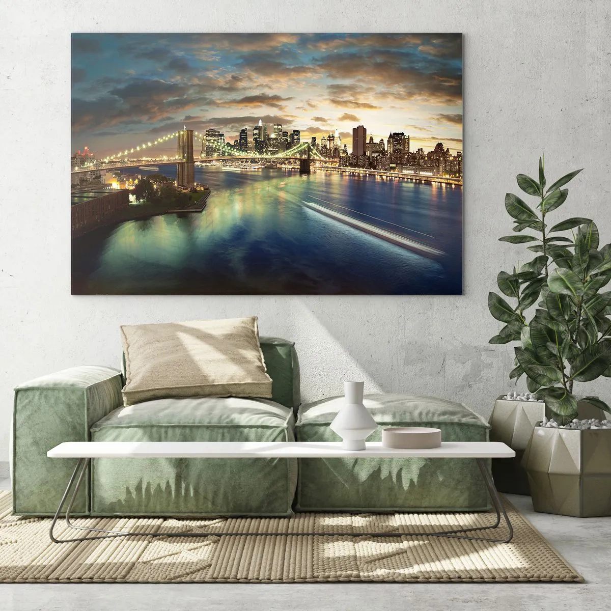 Glastavla - Bild på glas - Utsikt över bron och staden vid solnedgången - 70x50cm - En ljus kväll över Manhattan. - Modern väggdekoration för vardagsrum och sovrum ARTTOR