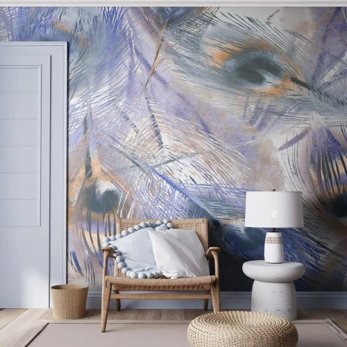 Fototapet Premium Sand - Komposition med påfågelsfjädrar - Abstraktion, Påfågel fjäder, Boho - 200x140 cm