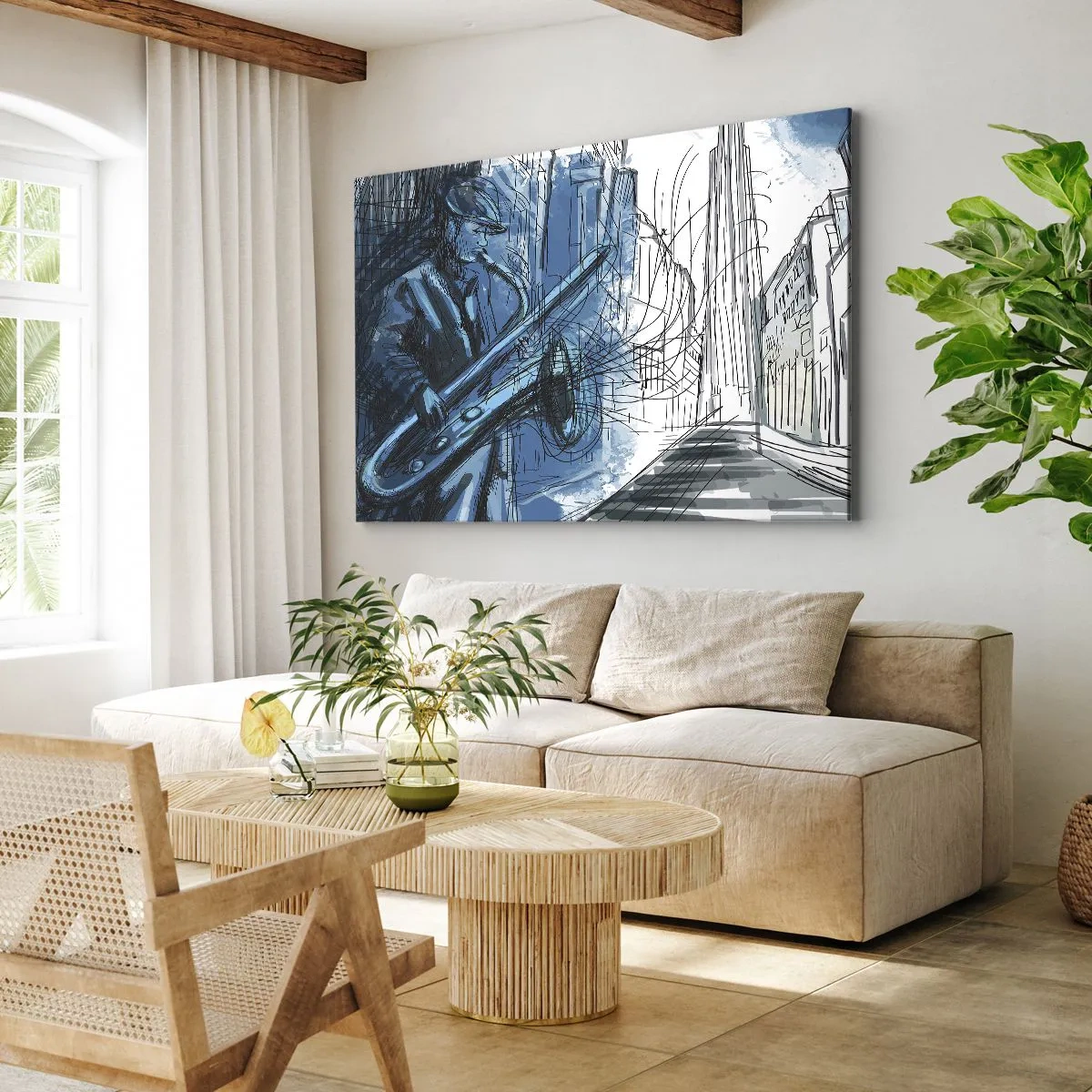 Canvastavla - Bild på duk - En figur som spelar saxofon mot bakgrund av en stad - 70x50cm - Stadsrapsodi - Modern väggdekoration för vardagsrum och sovrum ARTTOR