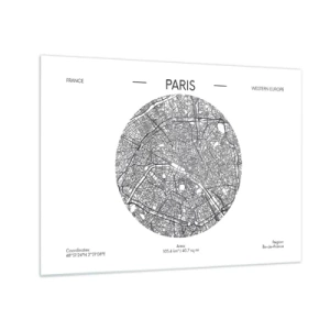 Glastavla - Bild på glas - En cirkulär karta över Paris i svartvit illustration - 70x50cm - Paris anatomi - Modern väggdekoration för vardagsrum och sovrum ARTTOR