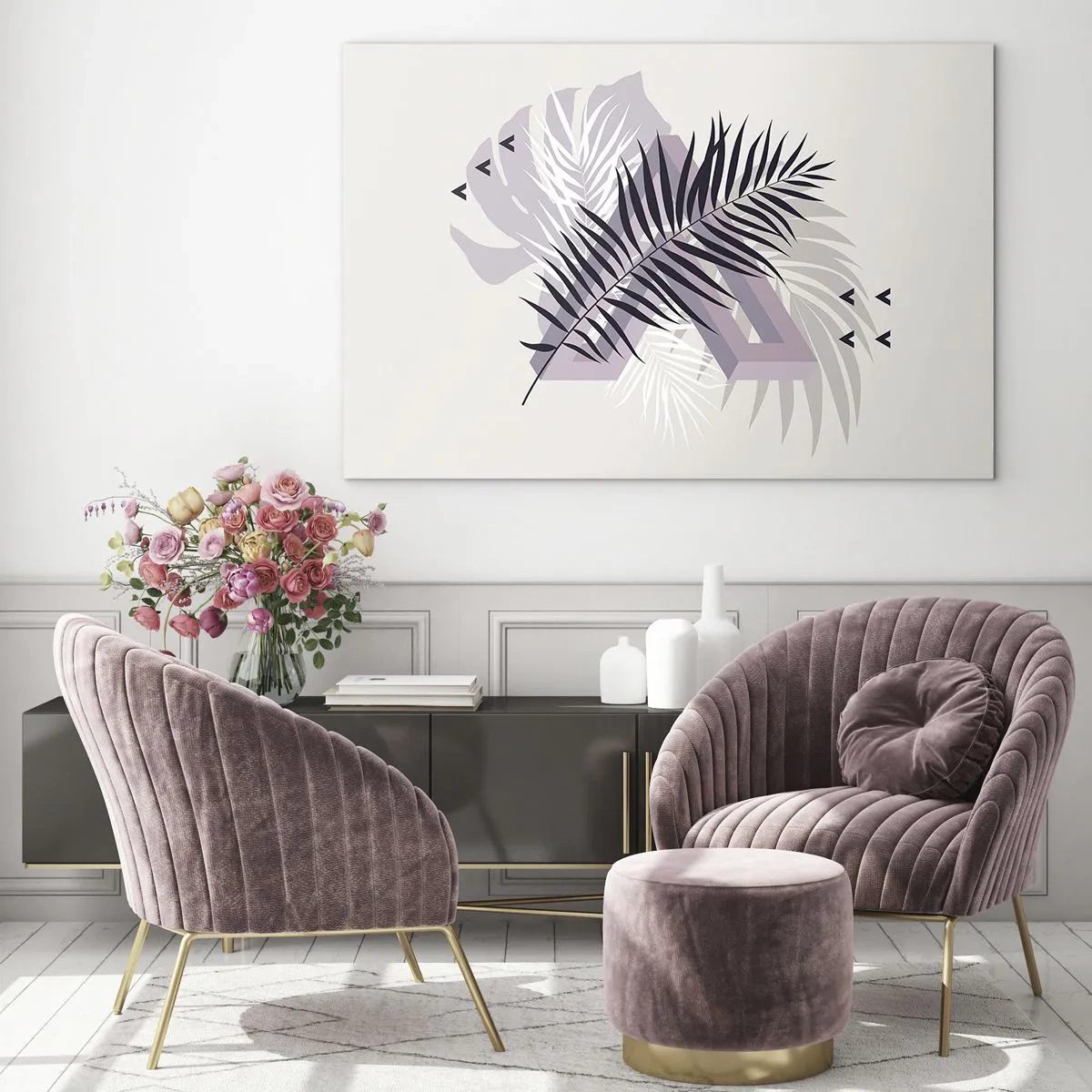 Glastavla - Bild på glas - En minimalistisk komposition med palmblad och geometriska former. - 70x50cm - Skuggans skugga - Modern väggdekoration för vardagsrum och sovrum ARTTOR