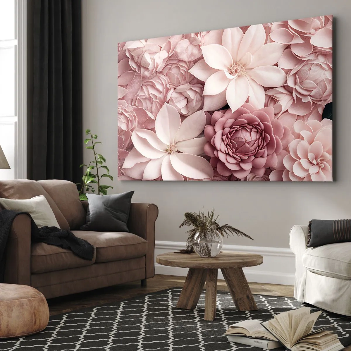 Canvastavla - Bild på duk - Blommor i nyanser av rosa och vitt i ett konstnärligt tillvägagångssätt - 70x50cm - I rosa kronblad - Modern väggdekoration för vardagsrum och sovrum ARTTOR