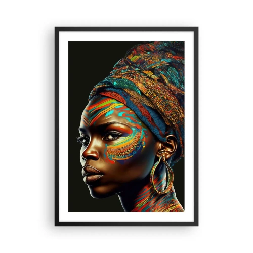 Affisch i svart ram - Porträtt av en kvinna i en färgglad halsduk och etnisk smink - 50x70cm - Afrikansk drottning - Modern väggdekoration för vardagsrum och sovrum ARTTOR