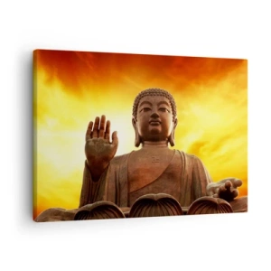 Canvastavla - Bild på duk - En Buddhastaty mot en gyllene solnedgångshimmel - 70x50cm - Ljuslugnet - Modern väggdekoration för vardagsrum och sovrum ARTTOR