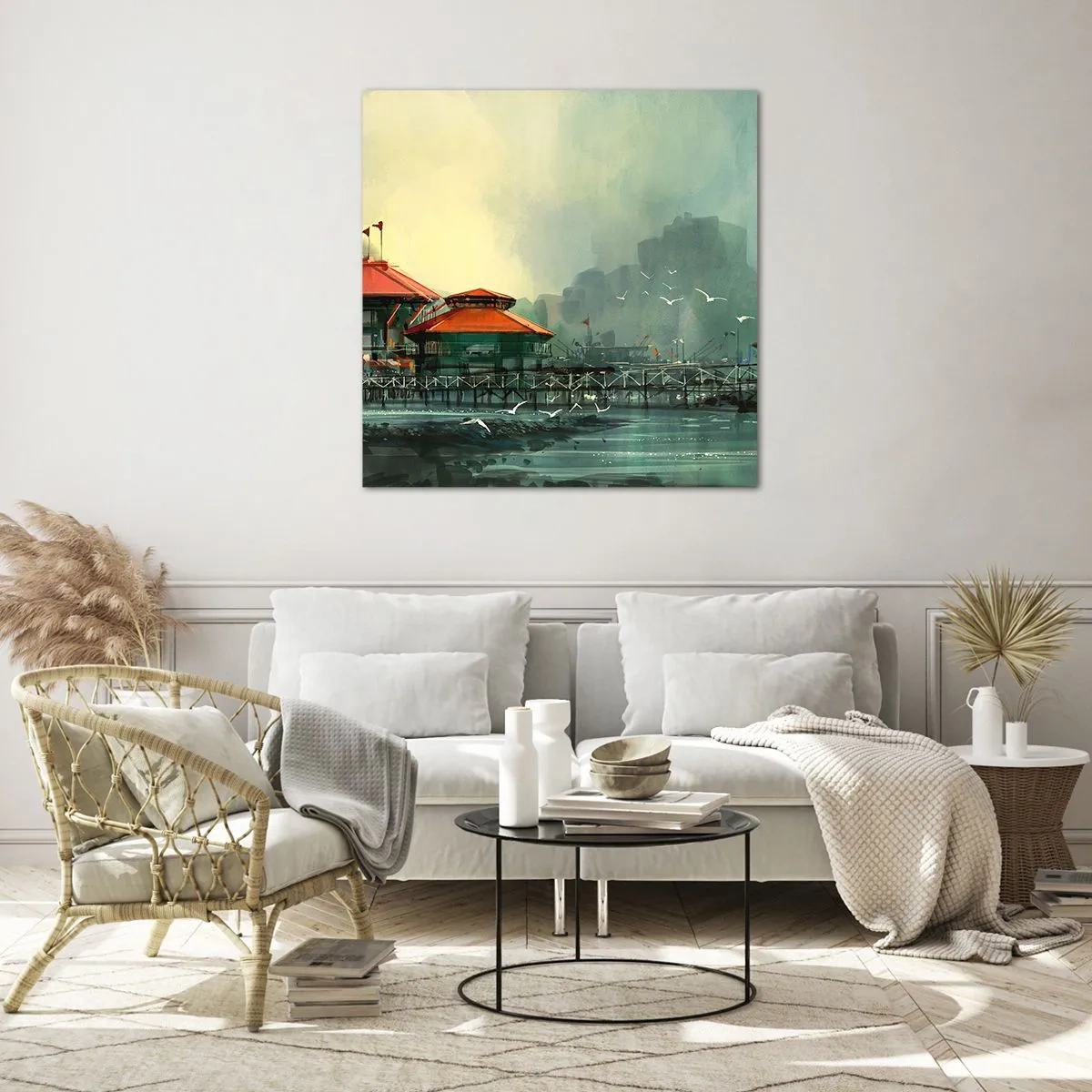 Glastavla - Bild på glas - Duggig dag i hamnen - 60x60 cm